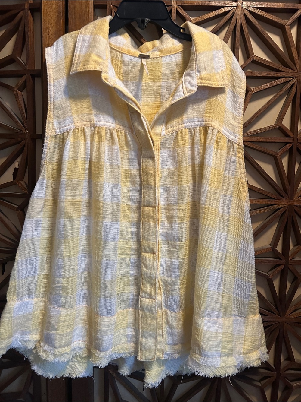 Free People Yellow & White Plaid Sleeveless Button-Front Tunic Small